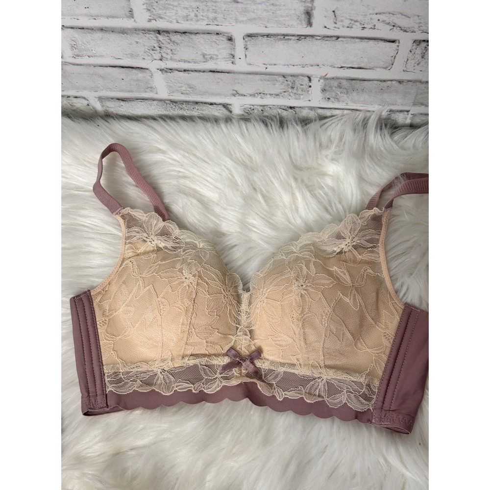 Wireless Floral Lace Bra Dusty Rose Beige Lightly Padded Adjustable Straps - Picture 7 of 8